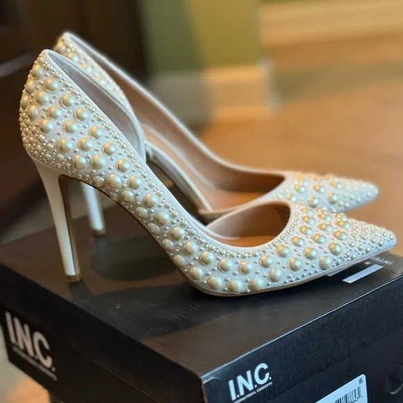INC International Concepts Pearl-Studded White Heels Worn Once Box Kept - Picture 3 of 5